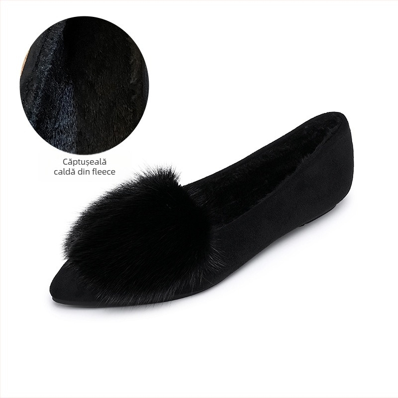 Balerine dama în stil coreean, vârf ascuțit, velur, căptușeală din pluș sintetic scurt, talpă din cauciuc, slip-on