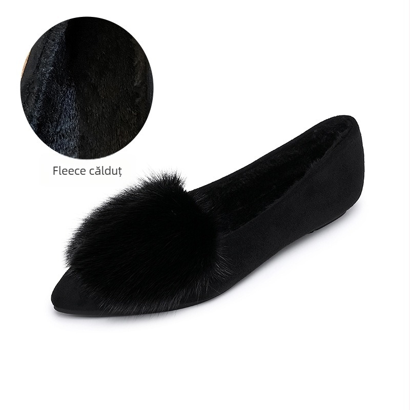 Balerine dama în stil coreean, vârf ascuțit, velur, căptușeală din pluș sintetic scurt, talpă din cauciuc, slip-on