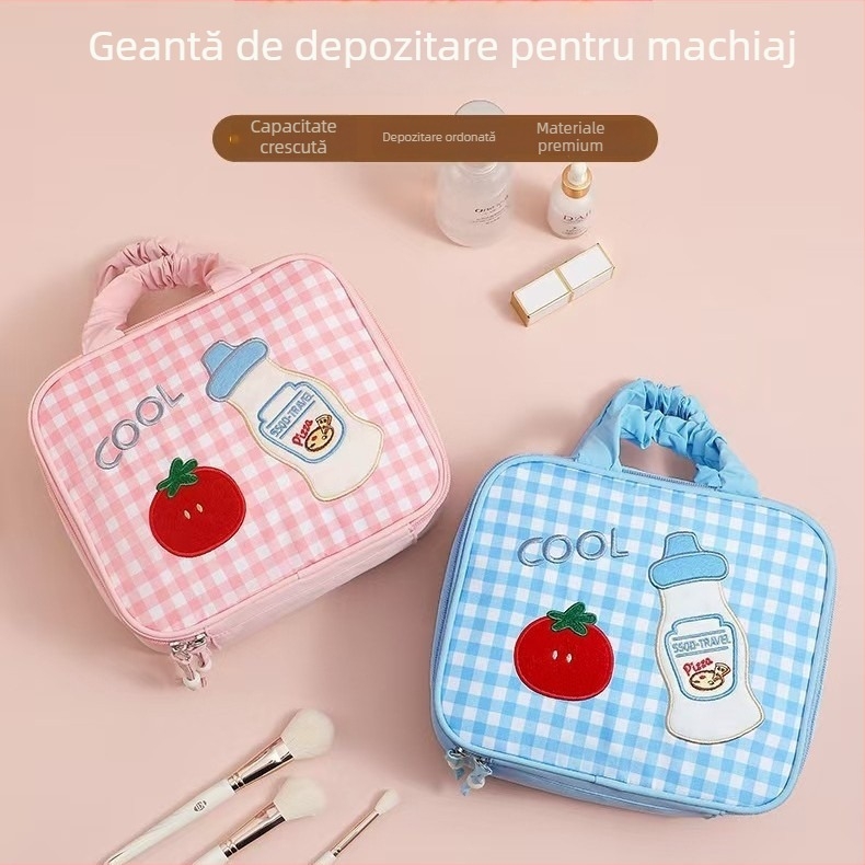 Geantă de cosmetic cu broderie, design pliabil cu compartimente multiple, capacitate mare, din Oxford, închidere cu fermoar