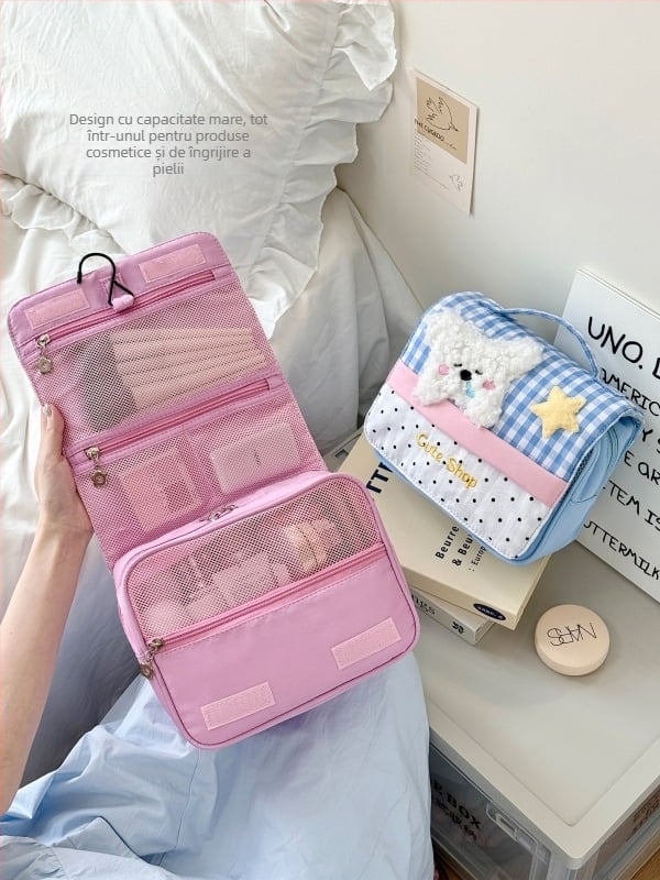 Geantă de cosmetică și trusă de toaletă cu temă câine, din pânză, design pluș, model animal, căptușeală din poliester