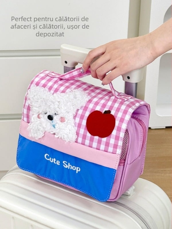 Geantă de cosmetică și trusă de toaletă cu temă câine, din pânză, design pluș, model animal, căptușeală din poliester