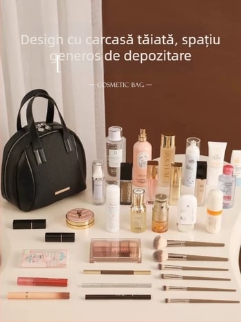 Geantă cosmetică portabilă cu mai multe compartimente, capacitate mare, impermeabilă, separare uscat–umed, exterior PU cu căptușeală din piele artificială