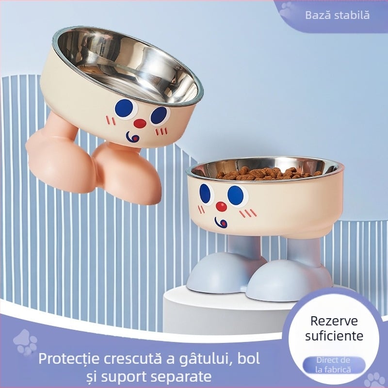 Castron înalt pentru pisici, cu inserție din oțel inoxidabil, HIPS + oțel, anti-alunecare, rezistent la lovire, compatibil cu alimentarea automată