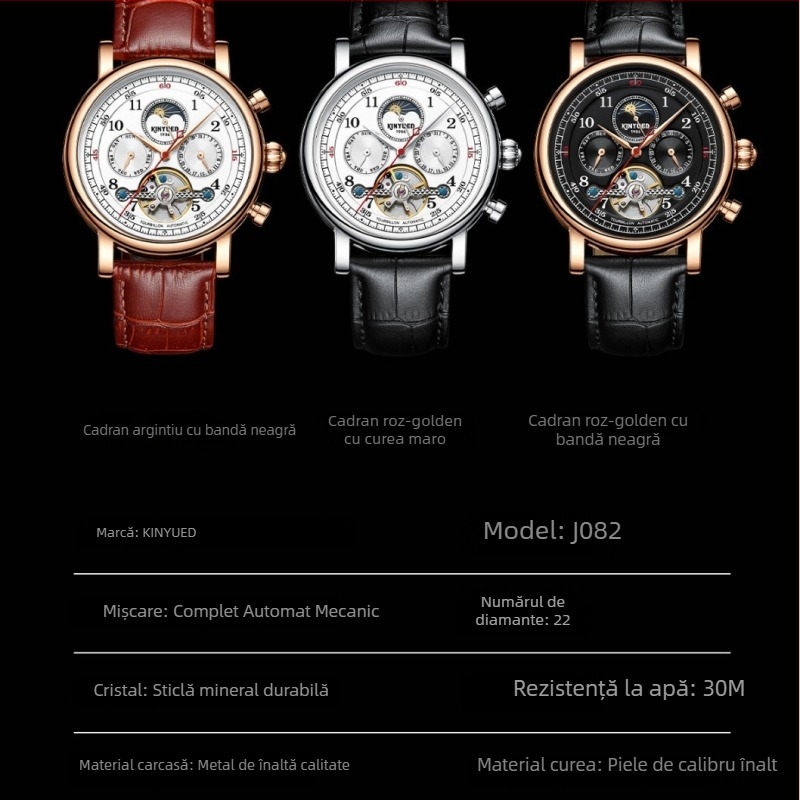 KINYUED ceas mecanic skeleton pentru barbati, miscare mecanica, rezistenta la apa 30M, carcasa din aliaj, curea din piele naturala, iluminare in intuneric, faze lunare, calendar