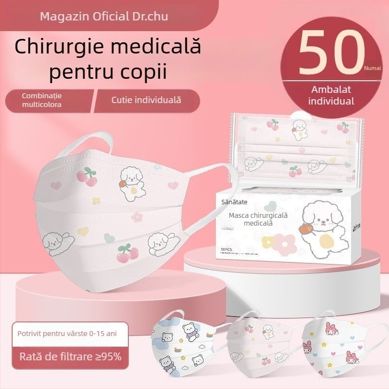 Doctor Chu măști chirurgicale pentru copii, de unică folosință, ambalate individual, din țesătură nețesută + strat meltblown