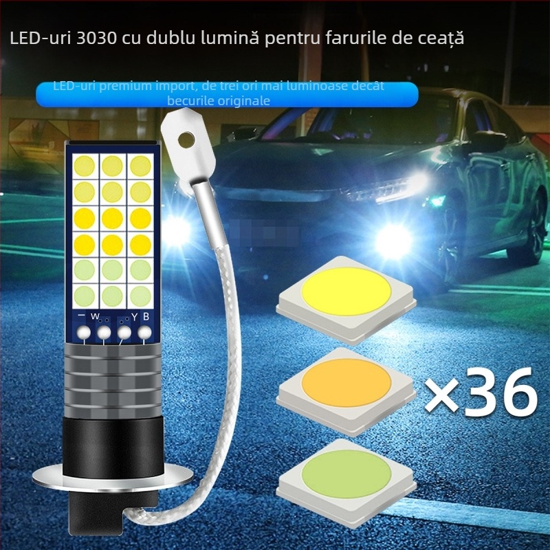 Lumini LED de ceață pentru vehicule – tri-color, model 3030, 12V, carcasă din aluminiu