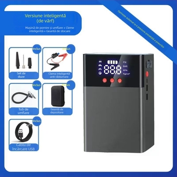 Q9 Sursă de energie de urgență pentru mașină cu pompă de aer – 2 în 1 pornire și umflare, capacitate mare; Funcții: Pornire, Umflare, Iluminare, Încărcare USB; Pentru mașinile de familie; Personalizare disponibilă