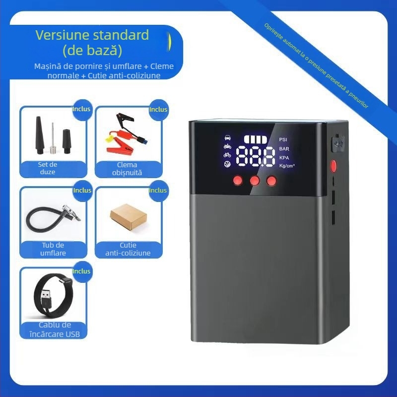 Q9 Sursă de energie de urgență pentru mașină cu pompă de aer – 2 în 1 pornire și umflare, capacitate mare; Funcții: Pornire, Umflare, Iluminare, Încărcare USB; Pentru mașinile de familie; Personalizare disponibilă