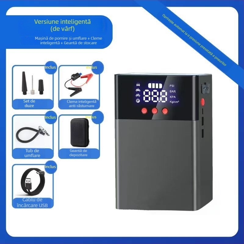 Q9 Sursă de energie de urgență pentru mașină cu pompă de aer – 2 în 1 pornire și umflare, capacitate mare; Funcții: Pornire, Umflare, Iluminare, Încărcare USB; Pentru mașinile de familie; Personalizare disponibilă