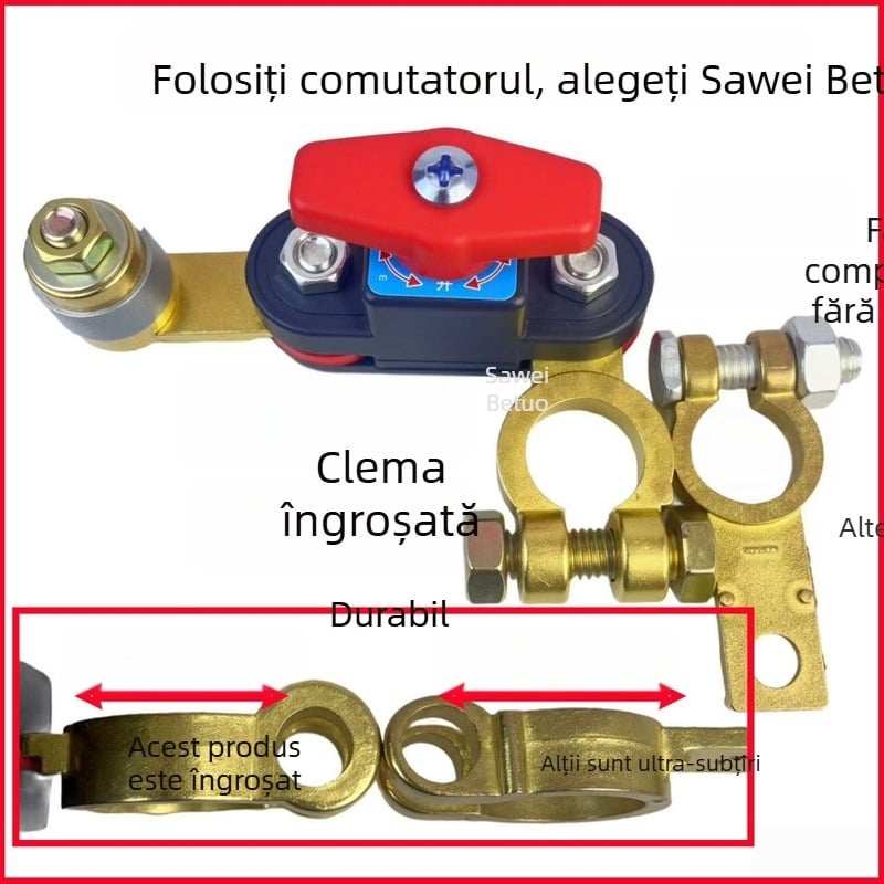 Comutator de deconectare a bateriei auto cu corp din cupru pur — clemă de montaj, protecție împotriva scurgerilor și a descărcării