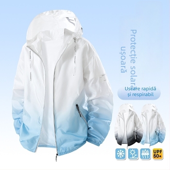 Geacă cu glugă Ice Silk pentru adolescenți, ușoară, vară, pentru exterior, cu protecție UV 50+, design gradient, fermoar și buzunare laterale