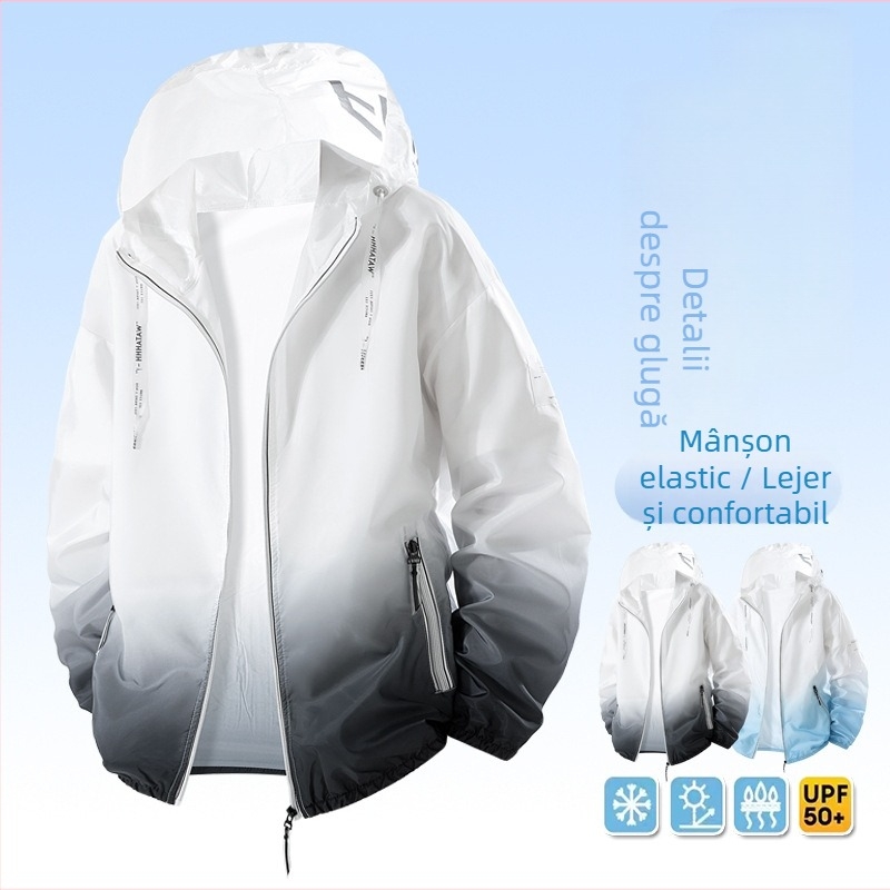 Geacă cu glugă Ice Silk pentru adolescenți, ușoară, vară, pentru exterior, cu protecție UV 50+, design gradient, fermoar și buzunare laterale