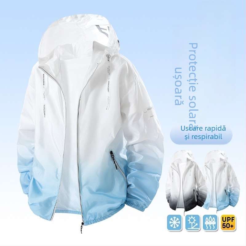 Geacă cu glugă Ice Silk pentru adolescenți, ușoară, vară, pentru exterior, cu protecție UV 50+, design gradient, fermoar și buzunare laterale
