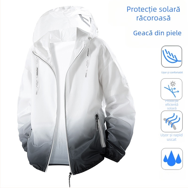 Geacă cu glugă Ice Silk pentru adolescenți, ușoară, vară, pentru exterior, cu protecție UV 50+, design gradient, fermoar și buzunare laterale