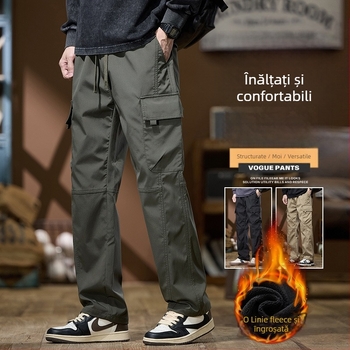 Pantaloni de lucru bărbați cu căptușeală fleece, croială lejeră, dreaptă, talie medie, cu curea, pantaloni sport casual
