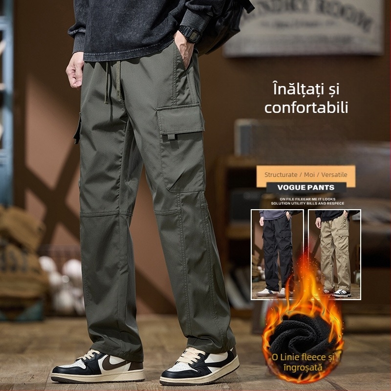 Pantaloni de lucru bărbați cu căptușeală fleece, croială lejeră, dreaptă, talie medie, cu curea, pantaloni sport casual