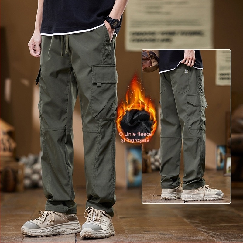 Pantaloni de lucru bărbați cu căptușeală fleece, croială lejeră, dreaptă, talie medie, cu curea, pantaloni sport casual