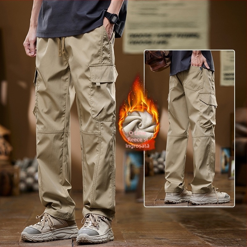 Pantaloni de lucru bărbați cu căptușeală fleece, croială lejeră, dreaptă, talie medie, cu curea, pantaloni sport casual