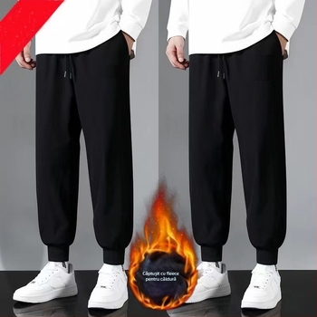 Pantaloni sport masculini cu fleece, croială lejeră, talie înaltă, 100% bumbac