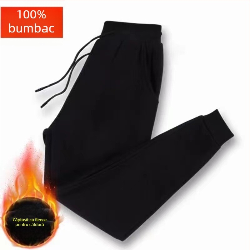 Pantaloni sport masculini cu fleece, croială lejeră, talie înaltă, 100% bumbac