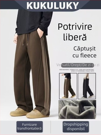 Pantaloni sport tricot cu fleece pentru bărbați, iarnă, croială lejeră drept, material din amestec de bumbac (68.9% bumbac, 31.1% poliester)