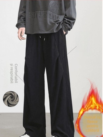 Pantaloni corduroy pentru bărbați, drepti, cu fleece, închidere cu șnur, pantaloni casual de iarnă