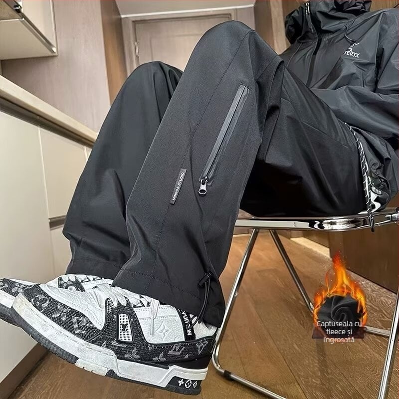 Pantaloni bărbați drepti, talie medie, cu curea, amestec din fibre chimice, elasticitate ridicată