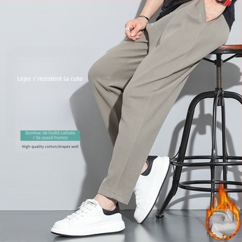 Pantaloni sport casual pentru bărbați, căptușiți cu fleece, croială lejeră, talie medie, picior drept, material din bumbac