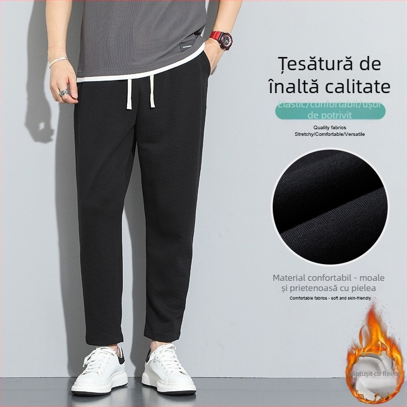 Pantaloni sport casual pentru bărbați, căptușiți cu fleece, croială lejeră, talie medie, picior drept, material din bumbac