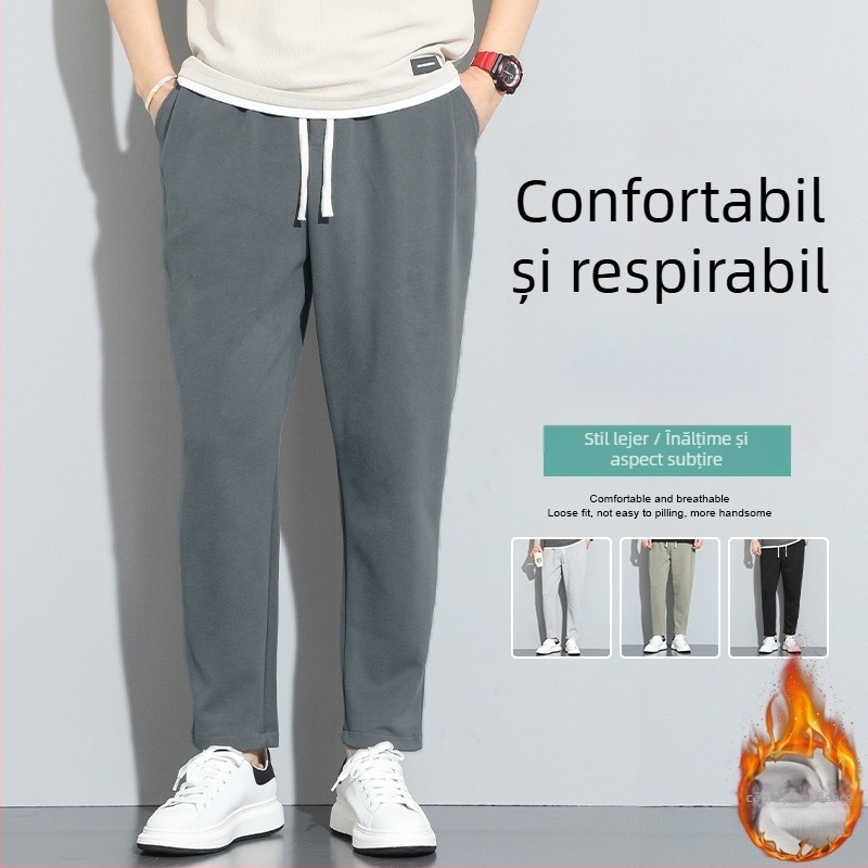 Pantaloni sport casual pentru bărbați, căptușiți cu fleece, croială lejeră, talie medie, picior drept, material din bumbac