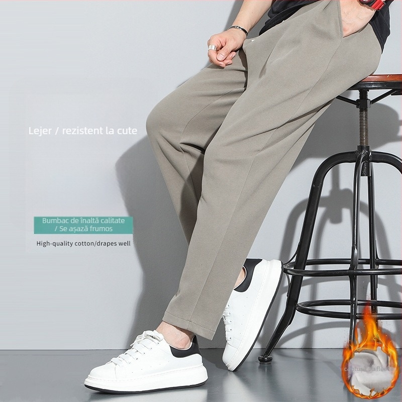 Pantaloni sport casual pentru bărbați, căptușiți cu fleece, croială lejeră, talie medie, picior drept, material din bumbac