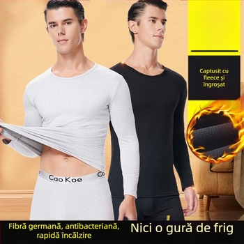 Set termic pentru bărbați, cu top pulover cu guler rotund și pantaloni slim-fit, căptușeală fleece, poliester 95%