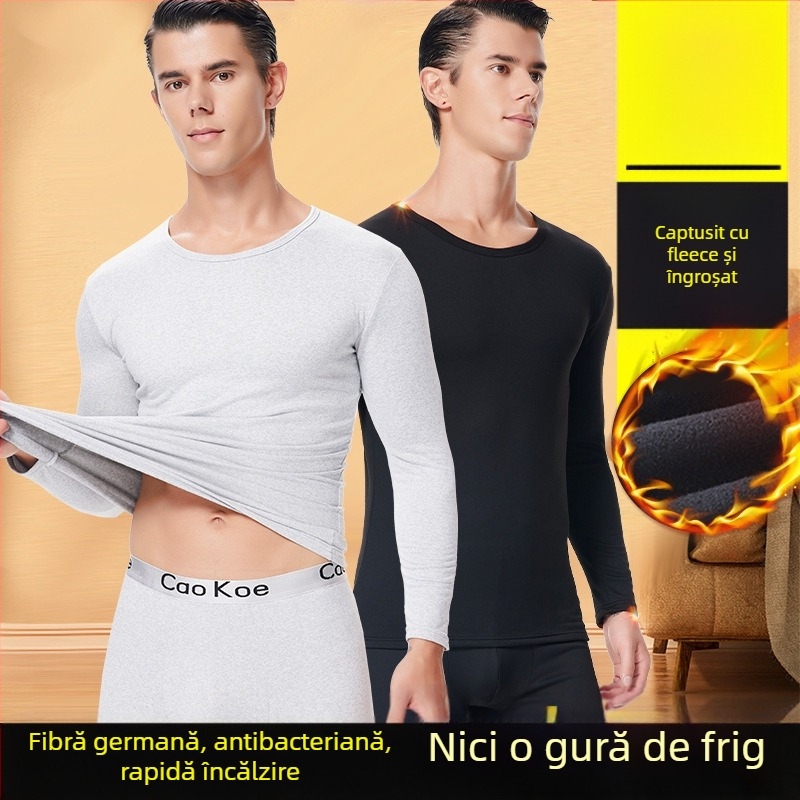 Set termic pentru bărbați, cu top pulover cu guler rotund și pantaloni slim-fit, căptușeală fleece, poliester 95%