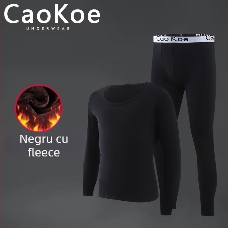 Set termic pentru bărbați, cu top pulover cu guler rotund și pantaloni slim-fit, căptușeală fleece, poliester 95%