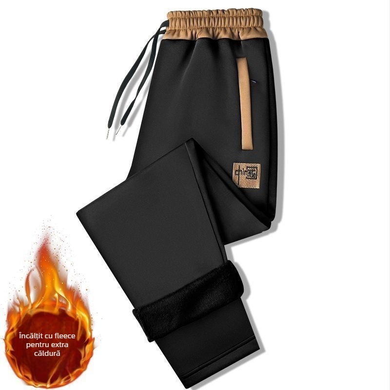 Pantaloni casual sport pentru bărbați, croială lejeră, talie medie, material velur, model solid, stil sport