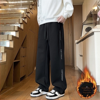 Pantaloni sport pentru băieți adolescenți, iarnă, cu căptușeală fleece, croială dreaptă, din amestec de bumbac, cu curea și închidere cu șiret.