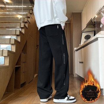 Pantaloni sport pentru băieți adolescenți, iarnă, cu căptușeală fleece, croială dreaptă, din amestec de bumbac, cu curea și închidere cu șiret.