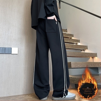 Pantaloni sport pentru băieți adolescenți, iarnă, cu căptușeală fleece, croială dreaptă, din amestec de bumbac, cu curea și închidere cu șiret.