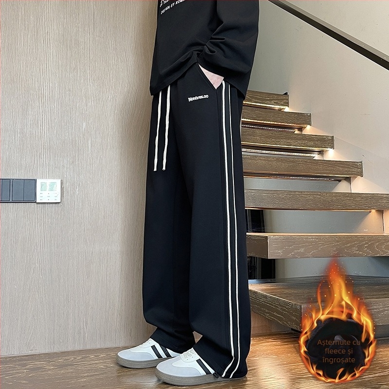 Pantaloni sport pentru băieți adolescenți, iarnă, cu căptușeală fleece, croială dreaptă, din amestec de bumbac, cu curea și închidere cu șiret.