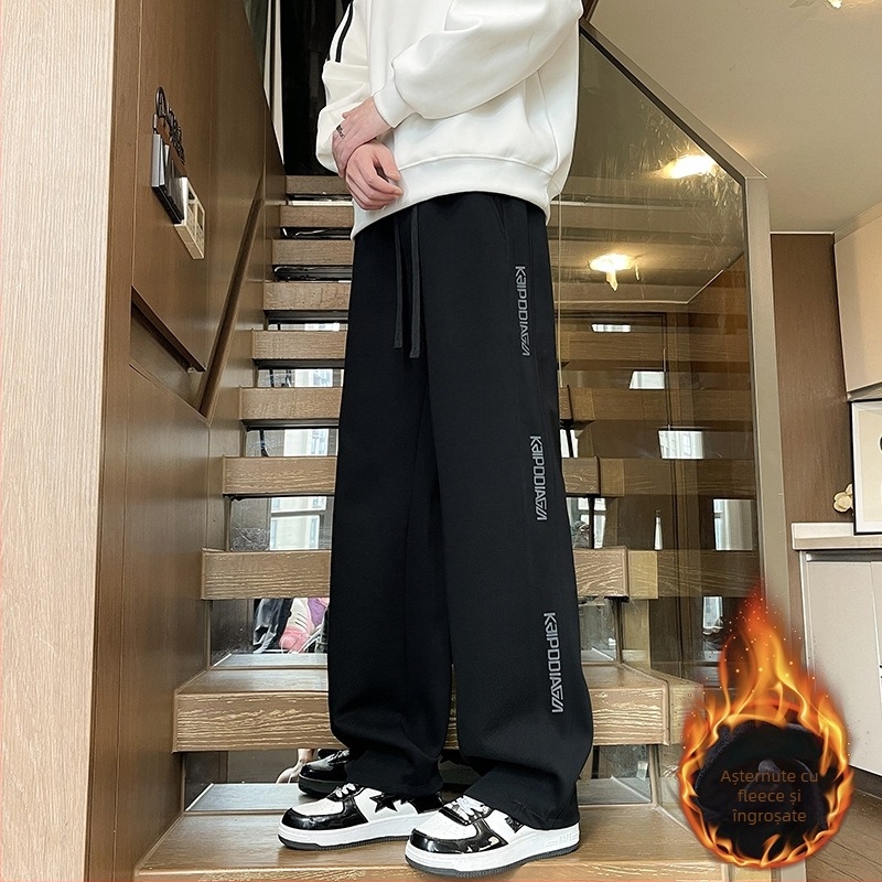 Pantaloni sport pentru băieți adolescenți, iarnă, cu căptușeală fleece, croială dreaptă, din amestec de bumbac, cu curea și închidere cu șiret.