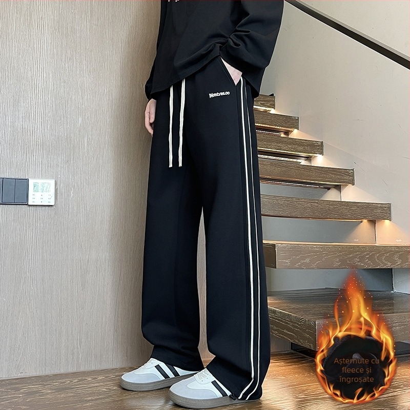 Pantaloni sport pentru băieți adolescenți, iarnă, cu căptușeală fleece, croială dreaptă, din amestec de bumbac, cu curea și închidere cu șiret.