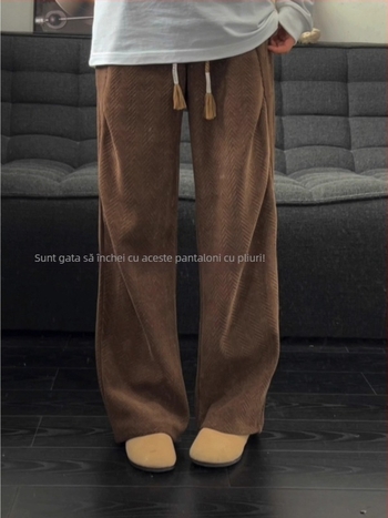 Pantaloni casual largi pentru bărbați, stil vintage, talie medie, cu curea și închidere cu șnur, poliester gros pentru iarnă