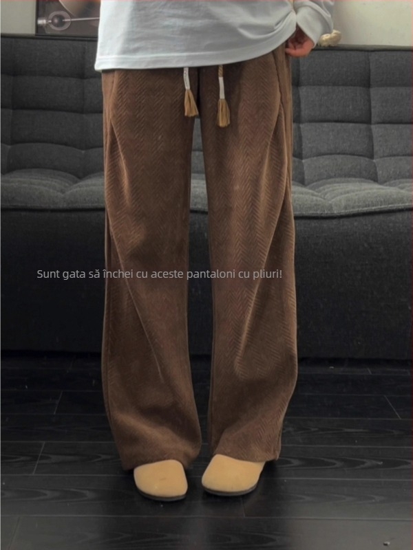 Pantaloni casual largi pentru bărbați, stil vintage, talie medie, cu curea și închidere cu șnur, poliester gros pentru iarnă