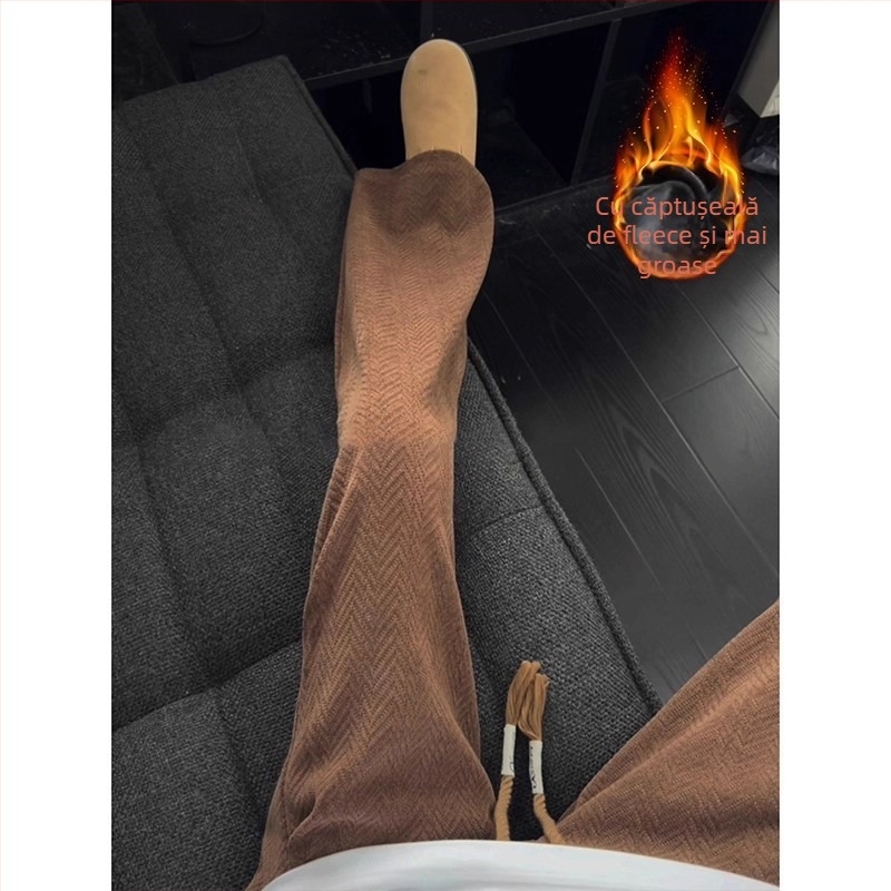 Pantaloni casual largi pentru bărbați, stil vintage, talie medie, cu curea și închidere cu șnur, poliester gros pentru iarnă