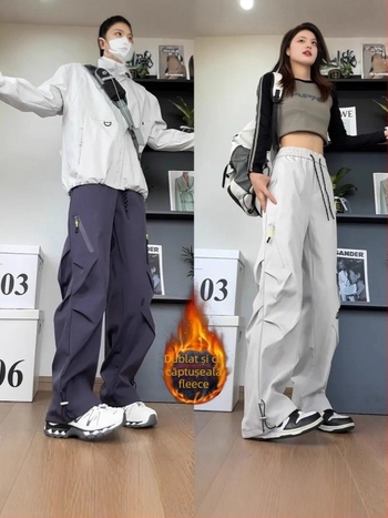 Pantaloni cargo cu pliuri, stil american, pentru bărbați și femei, căptuți, rezistenți la apă și vânt, talie medie cu curea, închidere cu șnur, buzunare multiple, material poliester