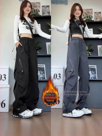 Pantaloni cargo cu pliuri, stil american, pentru bărbați și femei, căptuți, rezistenți la apă și vânt, talie medie cu curea, închidere cu șnur, buzunare multiple, material poliester