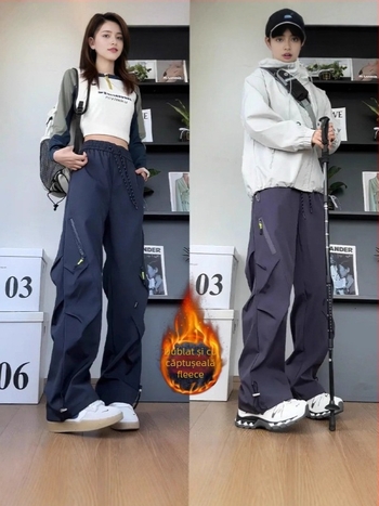 Pantaloni cargo cu pliuri, stil american, pentru bărbați și femei, căptuți, rezistenți la apă și vânt, talie medie cu curea, închidere cu șnur, buzunare multiple, material poliester