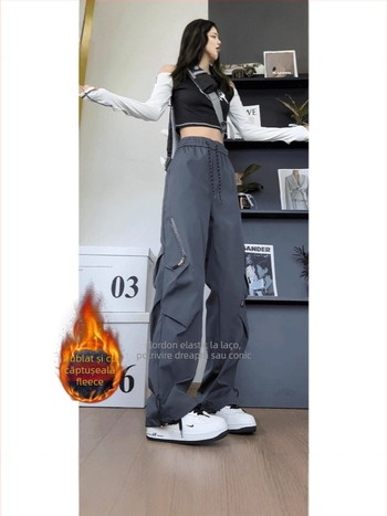 Pantaloni cargo cu pliuri, stil american, pentru bărbați și femei, căptuți, rezistenți la apă și vânt, talie medie cu curea, închidere cu șnur, buzunare multiple, material poliester