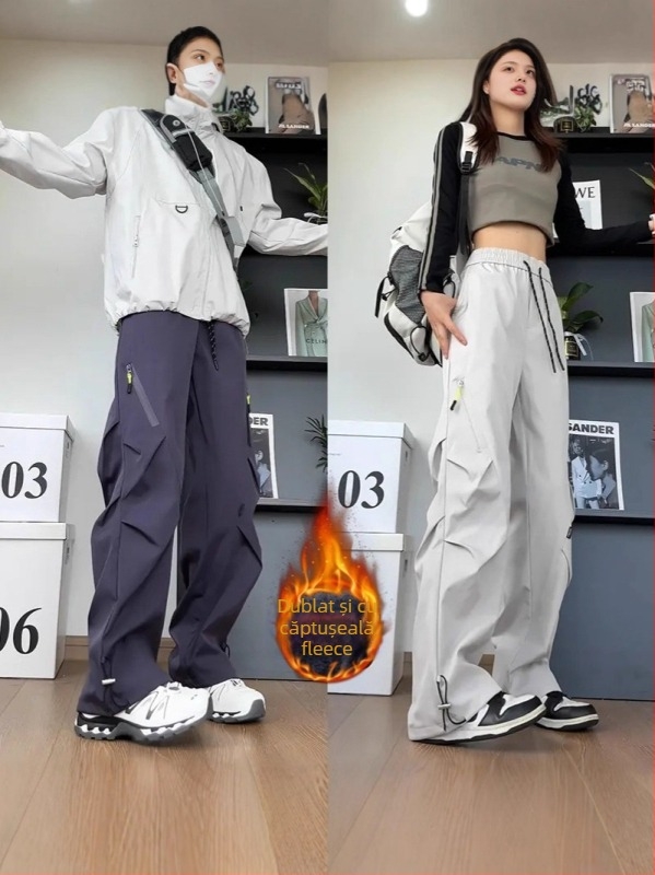 Pantaloni cargo cu pliuri, stil american, pentru bărbați și femei, căptuți, rezistenți la apă și vânt, talie medie cu curea, închidere cu șnur, buzunare multiple, material poliester