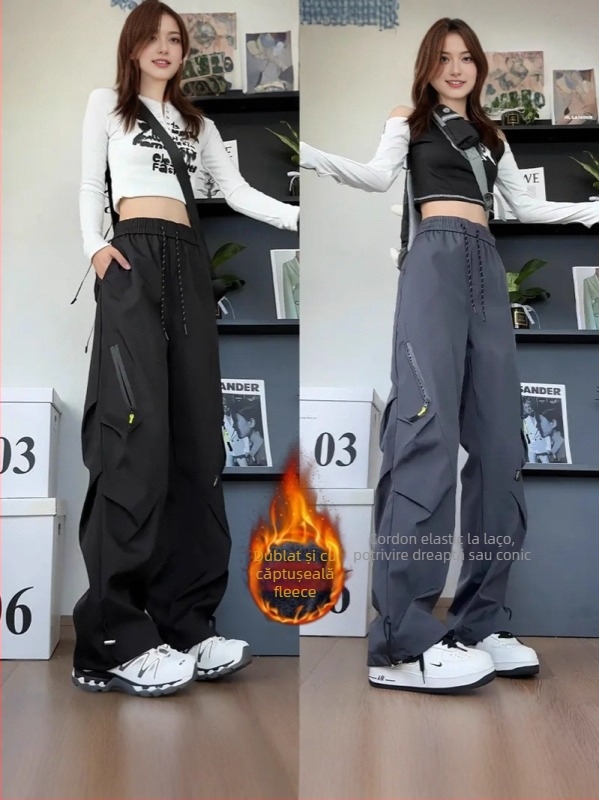 Pantaloni cargo cu pliuri, stil american, pentru bărbați și femei, căptuți, rezistenți la apă și vânt, talie medie cu curea, închidere cu șnur, buzunare multiple, material poliester